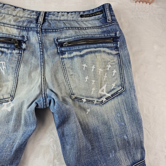 Rockstar Jeans Men's 34 Blue Distressed Denim Graphic Painted Art Graffiti - Picture 11 of 14